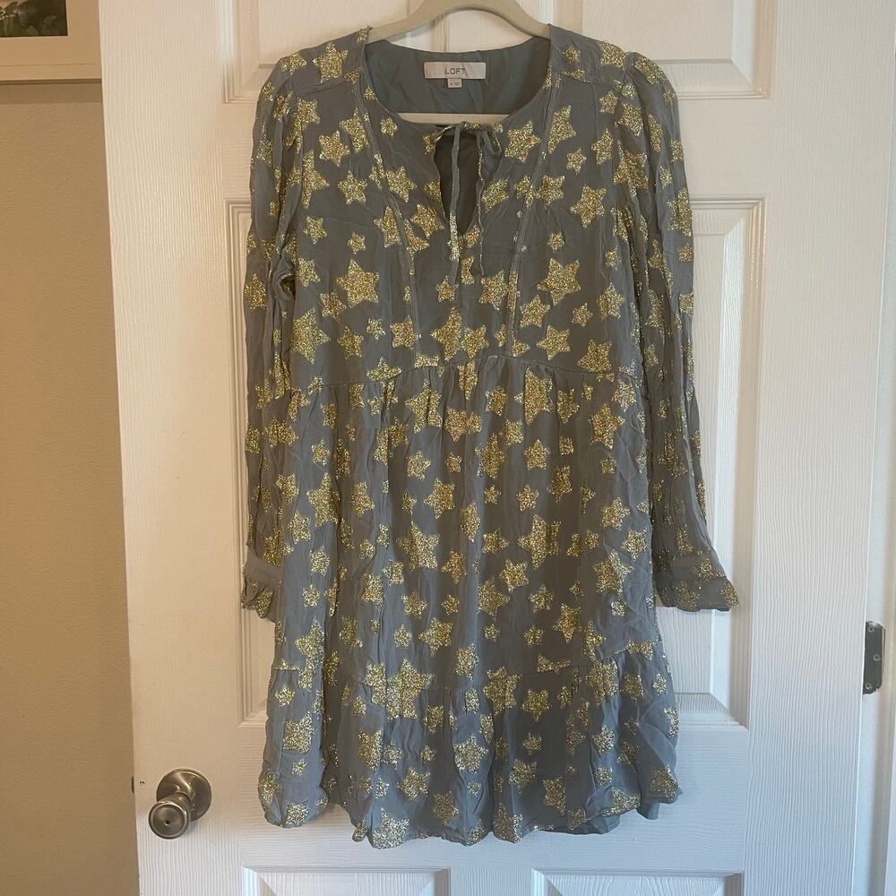 Loft Shimmer Gold Star Tiered Mini Dress | Size Medium